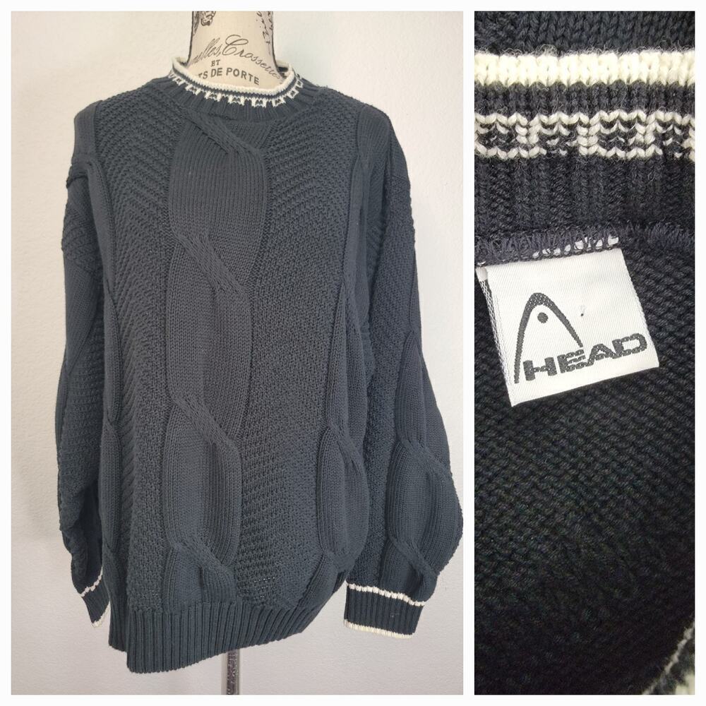Vintage Head Sportswear Knit Sweater Womens Sz L Varsity Retro Cable Knit Cotton